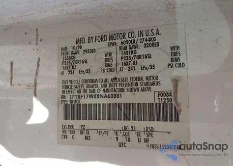 1999 Ford F-150 Lariat/Work Series/Xl/Xlt from USA, damaged, VIN 1FTRF17W0XNA60881